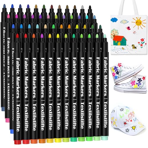 KERIFI 48 Textilstifte Textilfarbe Waschmaschinenfest- Textilmarker Stoffmalstifte Stoffmalfarben Waschfest für T-shirt Stoffbeutel Lätzchen Baumwolltasche Zum Bemalen Bastelset Kindergeburtstag von KERIFI