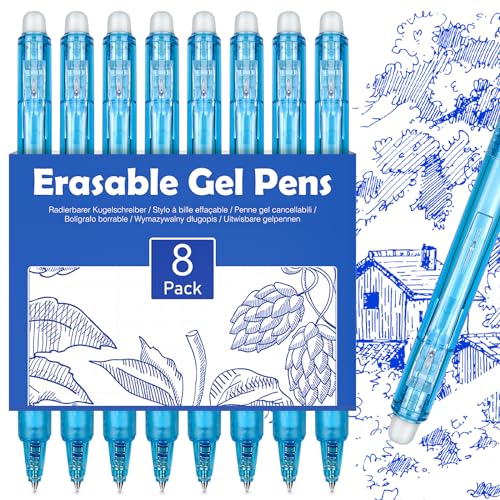 KERIFI Einziehbar Radierbarer Kugelschreiber Tintenroller, 8 Blau, 0,7mm Tintenroller Löschbarer Gelschreiber Radierstift für Schulsachen Bürobedarf Studenten von KERIFI
