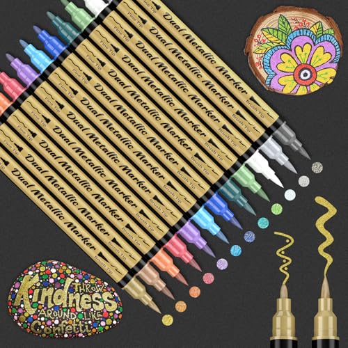 KERIFI Metallic Stifte - 12 Farben Dual Tip Metallic Marker Stifte Set für Gästebuch Hochzeit, Fotoalbum zum Selbstgestalten, Scrapbook Zubehör, Papier, Glitzerstifte für Steine, Holz, Glas, Keramik KERIFI Metallic Stifte - 12 Farben Dual Tip Metallic Marker Stifte Set für Gästebuch Hochzeit, Fotoalbum zum Selbstgestalten, Scrapbook Zubehör, Papier, Glitzerstifte für Steine, Holz, Glas, Keramik von KERIFI