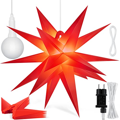 KESSER® 100cm Leuchtstern 3D, LED Weihnachtsstern mit Timer für innen und außen, Adventsstern Beleuchtet hängend Rot Stern + Warmweiß Licht von KESSER