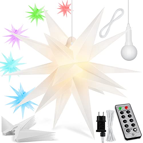 KESSER® 60cm Leuchtstern 3D, LED Weihnachtsstern mit Fernbedienung Farbwechselmodus Timer für innen und außen, Adventsstern Beleuchtet hängend Bunt Stern + Warmweiß Licht von KESSER