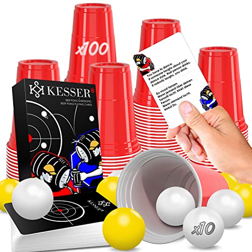 KESSER® Beer Pong Becher Set Mit Kartenset 54 Karten, Bierpong Trinkspiele Partybecher Sets (100 Becher 473ml + 10 Bällen) Bierpong Cups Spieleabend Geburtstag Partyspiel Hochzeit von KESSER