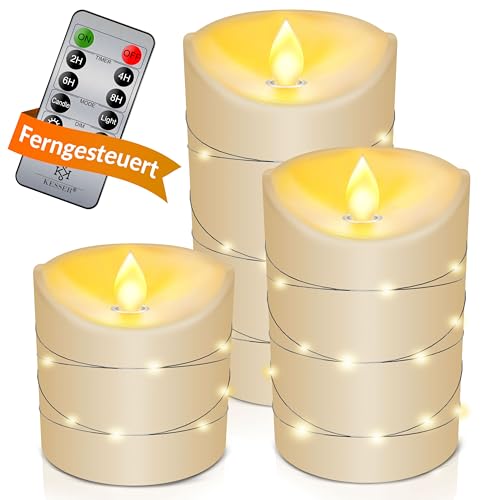 KESSER® LED Kerzen 3er Set Flammenlose Kerze Timerfunktion Timer Echtwachskerze 10cm 12,5cm 15cm Hoch Realistisch Flackernde Flacker-Licht Led-Flammen Echtwachs Deko Traditionell von KESSER