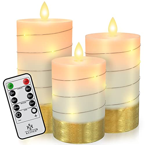 KESSER® LED Kerzen 3er Set Flammenlose Kerze Timerfunktion Timer Echtwachskerze 12,5cm 14,5cm 16,5cm Hoch Realistisch Flackernde Flacker-Licht Led-Flammen Echtwachs Deko Modern von KESSER