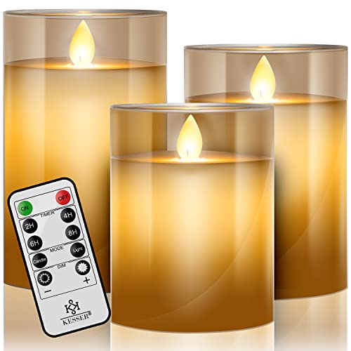 KESSER® LED Kerzen 3er Set Flammenlose Kerze mit Fernbedienung Timerfunktion Timer Dimmer Echtwachskerze 10cm, 12,5cm,15cm Hoch Realistisch Flackernde Flacker-Licht Led-Flammen Glas Deko, Gold von KESSER