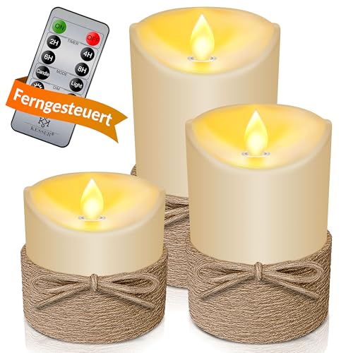 KESSER® LED Kerzen 3er Set Flammenlose Kerze mit Fernbedienung Timerfunktion Timer Dimmer Echtwachskerze 10cm, 12,5cm,15cm Hoch Realistisch Flackernde Led-Flammen Echtwachs mit Kordel Deko Gelb von KESSER