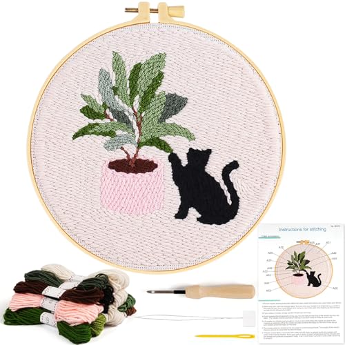 Stanznadel-Stickerei-Starter-Kits, schwarze Katze, Blume, Stanznadel-Set für Kinder, Erwachsene, Anfänger, Stickset Werkzeug mit Anleitung (evtl. nicht in deutscher Sprache), Stoffgarne und Reifen von KESTAR