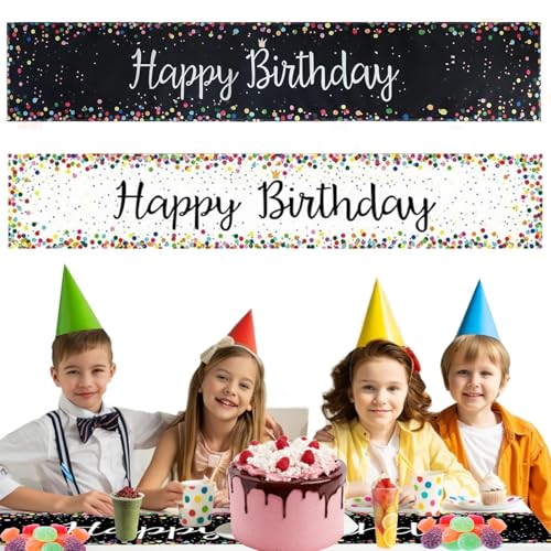 2 Stücke Tischläufer Geburtstag, Happy Birthday Tischläufer Tischdecke, Leinen Happy Birthday Tischdecke, Gute Zum Geburtstag Party Tischdecke für Junge Mädchen (Schwarz, Weiß) von KEUGT