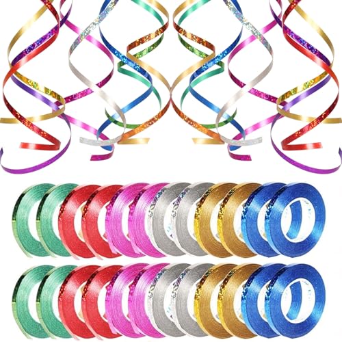 Luftschlangen Geburtstag,24 Rollen Luftschlangen Regenbogen,10m Ringelband Geschenkband Set,Glitzernden Ringelbänder Set,5MM Geschenkbänder für Geburtstag Luftballons für Geschenkverpackungen,Hochzeit von KEUGT