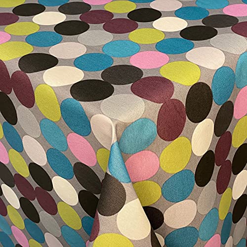 KEVKUS Tischdecke Jacquard beschichtete Baumwolle Hopper-GRIS Bunte Punkte auf grau eckig rund oval (Rand: Baumwollpaspel, 50 x 140 cm eckig) von KEVKUS