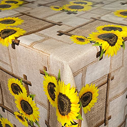 KEVKUS Wachstuch Tischdecke 01433-02 Sonnenblumen auf Leinenoptik beige-braun eckig rund oval (Rand: Schnittkante (ohne Einfassung), 140 x 180 cm eckig) von KEVKUS