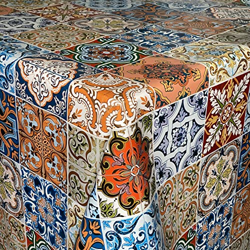 KEVKUS Wachstuch Tischdecke 01657-01 Mosaik marokkanische Fliesen blau-orange in eckig rund oval (Rand: Schnittkante (ohne Einfassung), 140 x 140 cm eckig) von KEVKUS