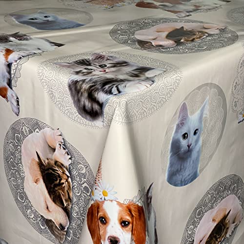 KEVKUS Wachstuch Tischdecke 06268-00 Hund Katze auf beige in eckig rund oval (Rand: Schnittkante (ohne Einfassung), 100 x 140 cm eckig) von KEVKUS