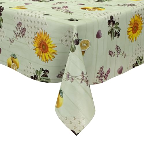 KEVKUS Wachstuch Tischdecke K235C mintgrün Sonnenblume Olive wählbar in eckig, rund und oval - Größe eckig 120x120cm mit Paspelband von KEVKUS