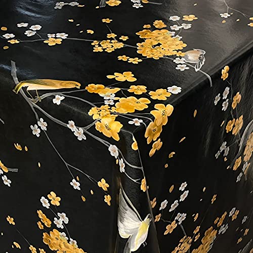 KEVKUS Wachstuch Tischdecke KE41310 Meise Kirschblüte schwarz Gold wählbar in eckig rund oval (Rand: Paspel (mit Kunststoffband), 140 x 140 cm eckig) von KEVKUS