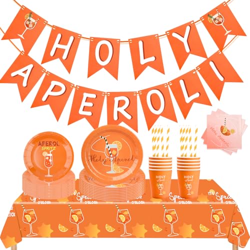 62 Pcs Aperol Deko Orange Partygeschirr Geburtstagsdeko mit Pappteller Serviette Becher Tischdecke, Aperol Spritz Partyzubehör für JGA Sommer Strandparty Junggesellenabschied Fasching Karneval (A) von KEVRDRT