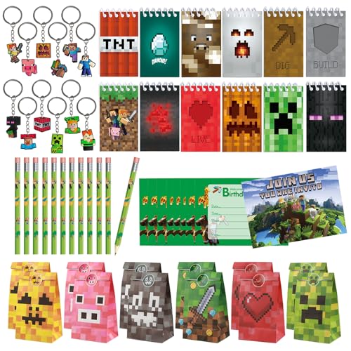 KEVRDRT Miner Videospiel Party Mitgebsel, Miner Pixel Party Mitgebsel Kinder mit Bleistift Einladungskarten Schlüsselanhänger Geschenktüten Notizbuch, Videospiel Spiel Kindergeburtstag Gastgeschenke von KEVRDRT