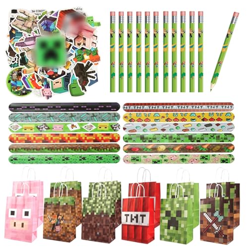 KEVRDRT Miner Videospiel Party Mitgebsel, Videospiel Kindergeburtstag Gastgeschenke mit Geschenktüten Armband Aufkleber Bleistift für Kindergeburtstag Mitgebsel Deko, Pixel Party Mitgebsel Kinder von KEVRDRT