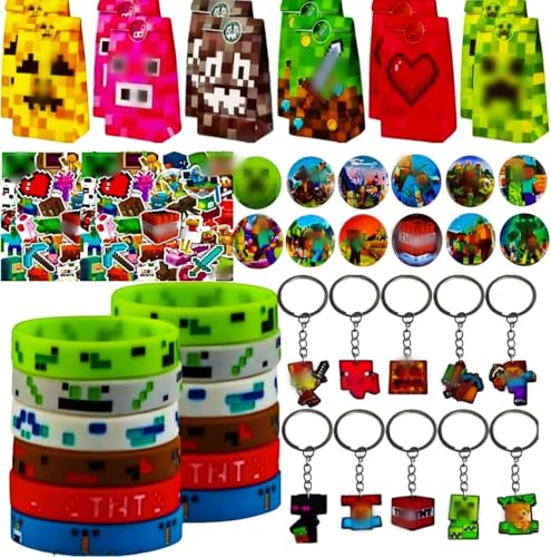 KEVRDRT Videospiel Spiel Party Mitgebsel, Miner Videospiel Party Mitgebsel mit Videospiel Schlüsselanhänger Partytüten Silikon Armband Knopfnadeln Aufkleber für Kindergeburtstag Mitgebsel Deko von KEVRDRT