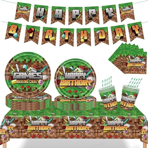 Miner Partygeschirr Geburtstag, 62 Pcs Spiel PartyGeschirr Geburtstagsdeko, Pappteller Serviette Becher Tischdecke für Jungen Kindergeburtstag Party Supplies, Videospiele Kindergeburtstag Tischdeko Miner Partygeschirr Geburtstag, 62 Pcs Spiel PartyGeschirr Geburtstagsdeko, Pappteller Serviette Becher Tischdecke für Jungen Kindergeburtstag Party Supplies, Videospiele Kindergeburtstag Tischdeko von KEVRDRT