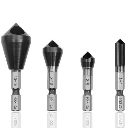 KEWAYO 4 Stück Kegelsenker Entgratsenker 90° Fase Titan beschichtet Senker Bohrer Set,Querlochsenker HSS-Co (Kobalt) für Holz, Metall, Kunststoff von KEWAYO