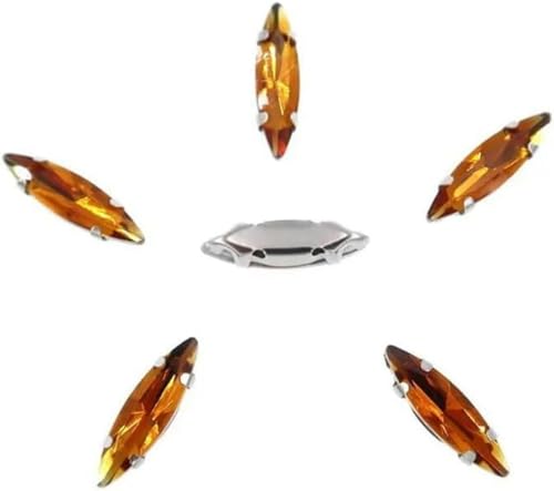 50 Stück/Beutel, silberne Krallenfassungen zum Aufnähen, 4 x 15 mm, schmale Navette-Form, Glaskristall, A9 Peridot-5, Teefarbe von KEWPLW