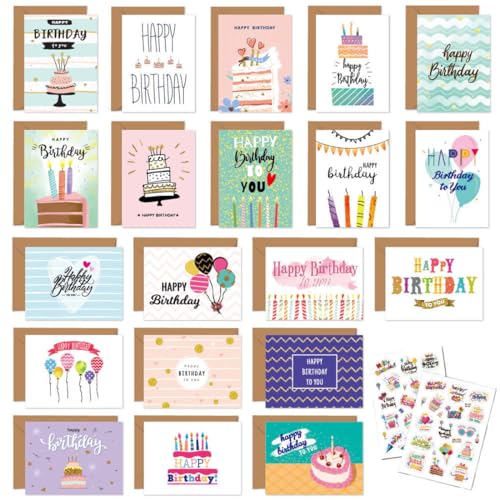 KEWUF 20 Pcs Geburtstagskarten Set mit Umschlag Glückwunschkarten zum Geburtstag Postkarte Grußkarten Happy Birthday Karte Klappkarten mit 20 Briefumschlag 2 Blatt Aufkleber für Frau, Mann Freund(B) von KEWUF