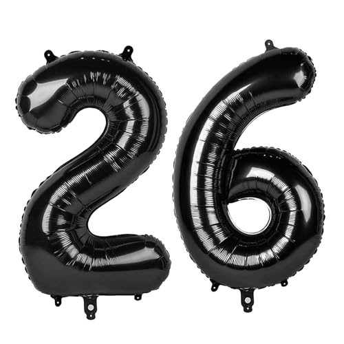 26 Luftballons – Schwarze Geburtstagszahlenballons, 101,6 cm große Folienballons für Männer, Frauen, Jungen, Mädchen, schwarze Themen-Geburtstagsdekorationen von KEXINGTUO