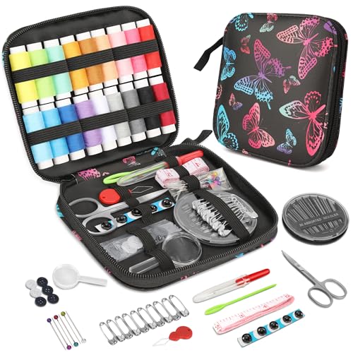 KEYHOT Nähset Grundausstattung Schmetterling, 86Pcs Nähzeug für Oma Mom Anfänger Reisende, kleine Nähen Kit enthält Nadel und Faden Set Schere Maßnahme Band Fingerhut (Schmetterling) von KEYHOT