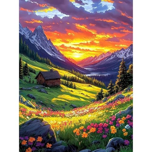 KEYIFA Berge Malen Nach Zahlen Erwachsene, Blumen Malen Nach Zahlen Kits mit Pinseln und Acrylfarben, DIY Ölgemälde Set Malen Basteln Leinwand Bild Erwachsene, Home Deko 30x40cm von KEYIFA