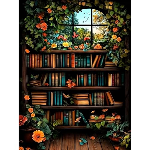 KEYIFA Bücherregal Malen Nach Zahlen Erwachsene, Malen Nach Zahlen Kits mit Pinseln und Acrylfarben, DIY Ölgemälde Set Malen Basteln Leinwand Bild Erwachsene, Home Deko 30x40cm von KEYIFA