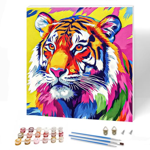 KEYIFA Bunter Tiger Malen Nach Zahlen Erwachsene mit Rahmen, Malen Nach Zahlen Kits mit Pinseln und Acrylfarben, DIY Ölgemälde Set Malen Basteln Leinwand Bild Erwachsene, Home Deko 30x30cm von KEYIFA