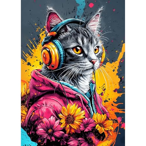 KEYIFA Diamond Painting Zubehör, 5D Katze und Blumen Crystal Art Foto Bastelset Diamond Painting Erwachsene, DIY Vollbohrer Bilder Diamond Painting Set, Home Wand Dekor 30x40cm von KEYIFA