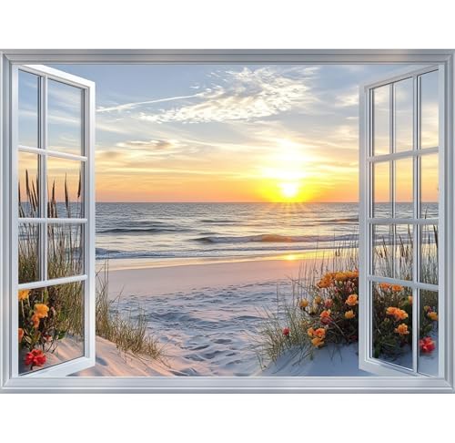 KEYIFA Fenster Malen Nach Zahlen Erwachsene, Strand Malen Nach Zahlen Kits mit Pinseln und Acrylfarben, DIY Ölgemälde Set Malen Basteln Leinwand Bild Erwachsene, Home Deko 40x30cm von KEYIFA
