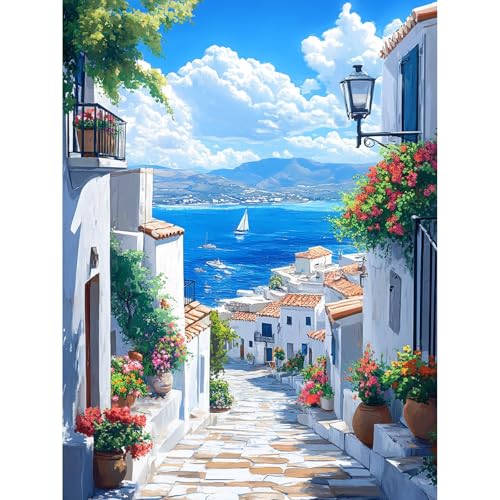KEYIFA Griechisch Dorf Malen Nach Zahlen Erwachsene, Malen Nach Zahlen Kits mit Pinseln und Acrylfarben, DIY Landschaft Ölgemälde Set Malen Basteln Leinwand Bild Erwachsene, Home Deko 30x40cm von KEYIFA