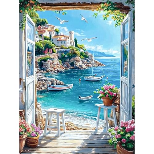 KEYIFA Küste Malen Nach Zahlen Erwachsene, Malen Nach Zahlen Kits mit Pinseln und Acrylfarben, DIY Landschaft Ölgemälde Set Malen Basteln Leinwand Bild Erwachsene, Home Deko 30x40cm von KEYIFA