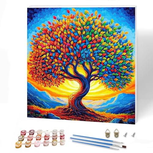 KEYIFA Landschaft Malen Nach Zahlen Erwachsene mit Rahmen, Baum Malen Nach Zahlen Kits mit Pinseln und Acrylfarben, DIY Ölgemälde Set Malen Basteln Leinwand Bild Erwachsene, Home Deko 30x30cm von KEYIFA