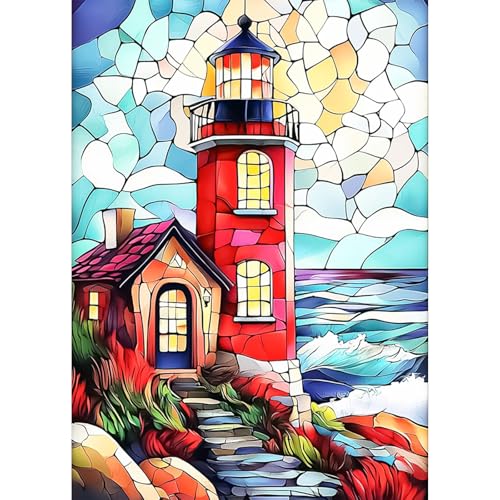 KEYIFA Leuchtturm Diamond Painting Zubehör, 5D Crystal Art Foto Bastelset Diamond Painting Erwachsene, DIY Buntglas Fenster Vollbohrer Bilder Diamond Painting Set, Home Wand Dekor 30x40cm von KEYIFA