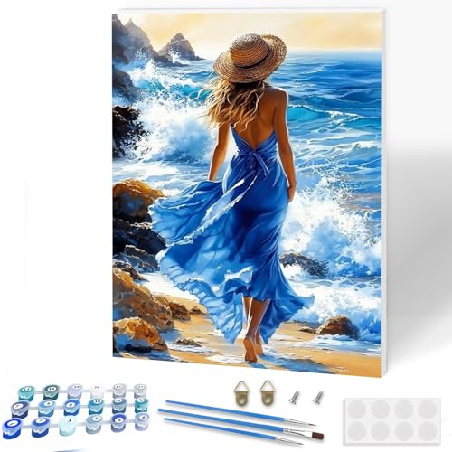KEYIFA Malen Nach Zahlen Erwachsene mit Rahmen, Frau im Blauen Rock Malen Nach Zahlen Kits mit Pinseln und Acrylfarben, DIY Strand Ölgemälde Set Malen Basteln Leinwand Bild, Home Deko 30x40cm von KEYIFA