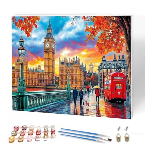 KEYIFA Stadt Malen Nach Zahlen Erwachsene Rahmen, London Landschaft Malen Nach Zahlen Kits mit Pinseln, DIY Ölgemälde Set Malen Basteln Leinwand Bild Erwachsene, Home Deko 40x30cm von KEYIFA