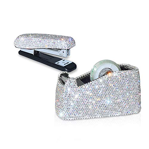 Bling Bling Kristall Luxus Handgemacht Diamant Hefter & Desktop Tape Dispenser Büro Schreibwaren Kit für Mode Mädchen Frauen (weiß) von KEYPOWER