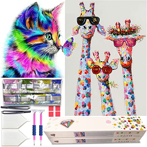 KEYRANKE 2 Stück Diamond Painting Kinder Set mädchen Erwachsene Tiere diy 5d Diamant Malerei Painting Bilder für Home Wand-Decor, Mit Einer Upgrade-Geschenkbox als Geschenk (Katze/Giraffe) von KEYRANKE