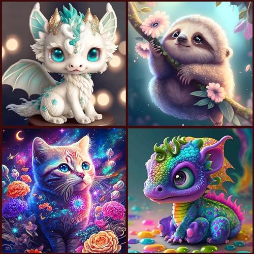 KEYRANKE 4er Diamond Painting Kinder Kleine Bilder, Diamant Painting Bilder Set Tiere Katze Faultier Drache Dinosaurier für Erwachsene mädchen, Runde Steine für Weihnachtsges-chenk 30x30cm von KEYRANKE