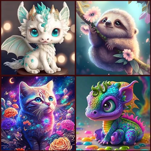 KEYRANKE 4er Set Diamond Painting Kinder Ab 10 Jahre Diamant Painting Kleine Bilder Tiere Enthalten Katze Faultier Drache Dinosaurier, Runde Steine FüR Zuhause Dekor 30x30 Cm von KEYRANKE