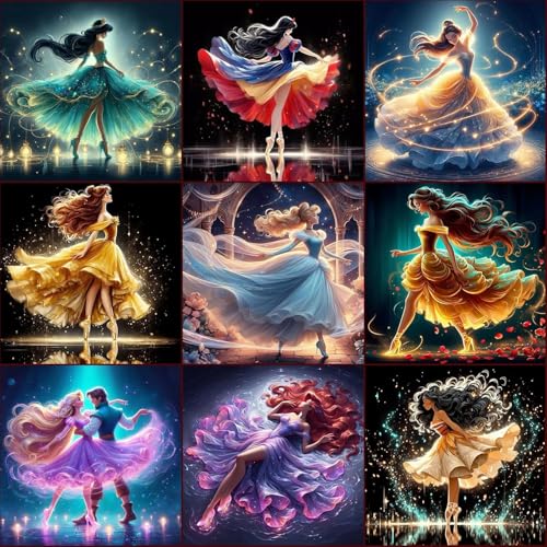 KEYRANKE 9 Stück Diamond Painting Disiney Prinzessin Set, 5D Diamant Painting Bilder Diamond Malen nach Zahlen Wohnzimmer Bilder Für Dekorationen DIY Gem Art for Gift Home Wall Decor (30x30cm) von KEYRANKE
