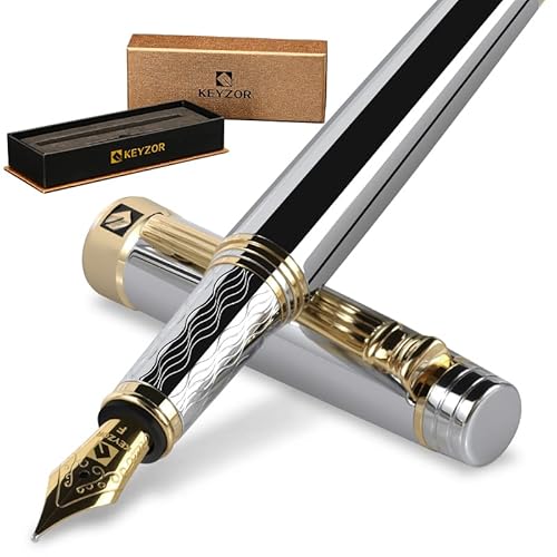 KEYZOR Füllfederhalter Edel Set, Silber Füller Mit 24k Vergoldetem Fein Feder,Tintennachfüllkonverter, Bestes Stift Geschenk Für Herren Und Damen,Manager,FührungskräFte | Geschenkbox Stift von KEYZOR