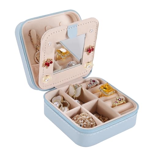 KElofoN Reise-Schmuckkästchen, Reise-Schmuck-Organizer, kleine Schmuckschatulle, Geschenk für Mädchen und Frauen, mit Spiegel (Himmelblau) von KElofoN