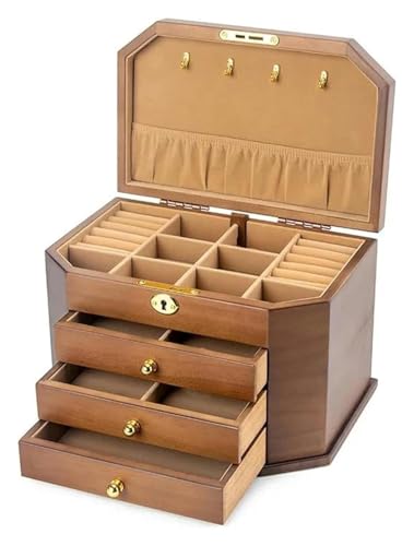 KEuLen Schmuckkästchen für Damen, Massivholz Schmuck Aufbewahrungsbox mit Schloss Ohrringe Halskette Schmuckschatulle Vintage Holz Ringboxen for Schmuck(28x19x18.5cm) von KEuLen