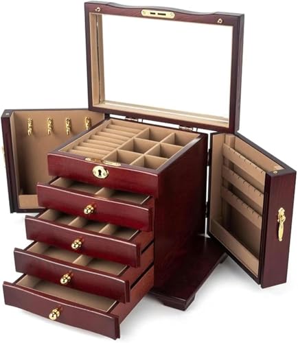 KEuLen Schmuckschatulle aus Holz, 4 Schubladen Hartholz Großer Schmuck Organizer aus Holz mit Spiegel und Schloss Schmucketui Aufbewahrung(A) von KEuLen