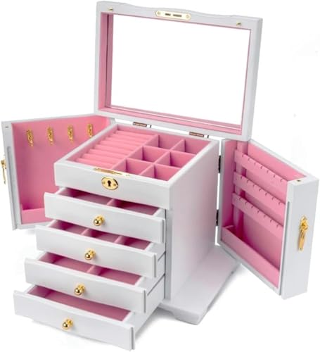 KEuLen Schmuckschatulle aus Holz, 4 Schubladen Hartholz Großer Schmuck Organizer aus Holz mit Spiegel und Schloss Schmucketui Aufbewahrung(C) von KEuLen